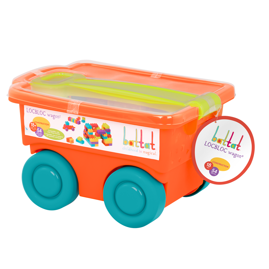 Big building blocks with an orange wagon.