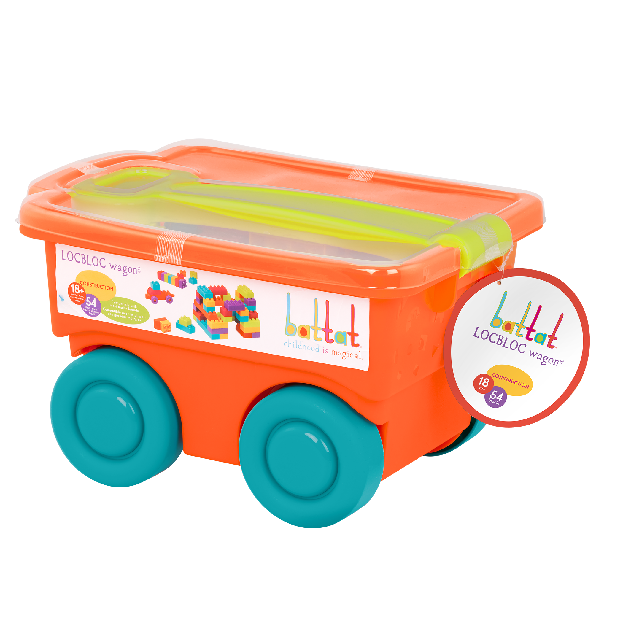 Big building blocks with an orange wagon.