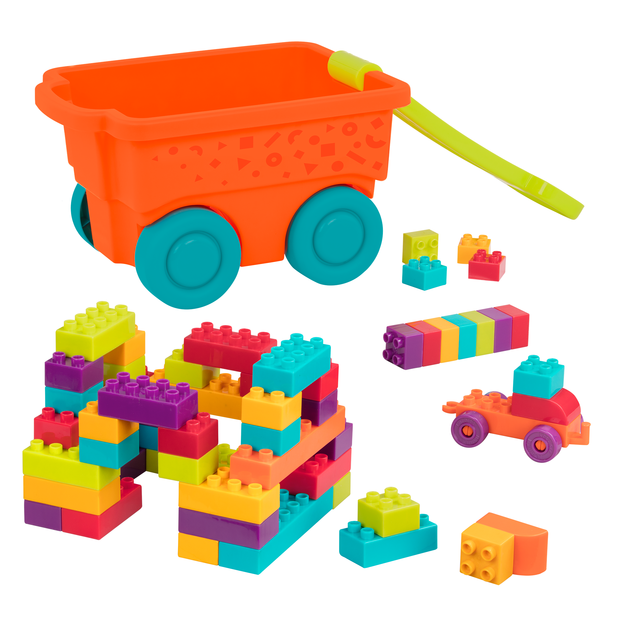 Big building blocks with an orange wagon.