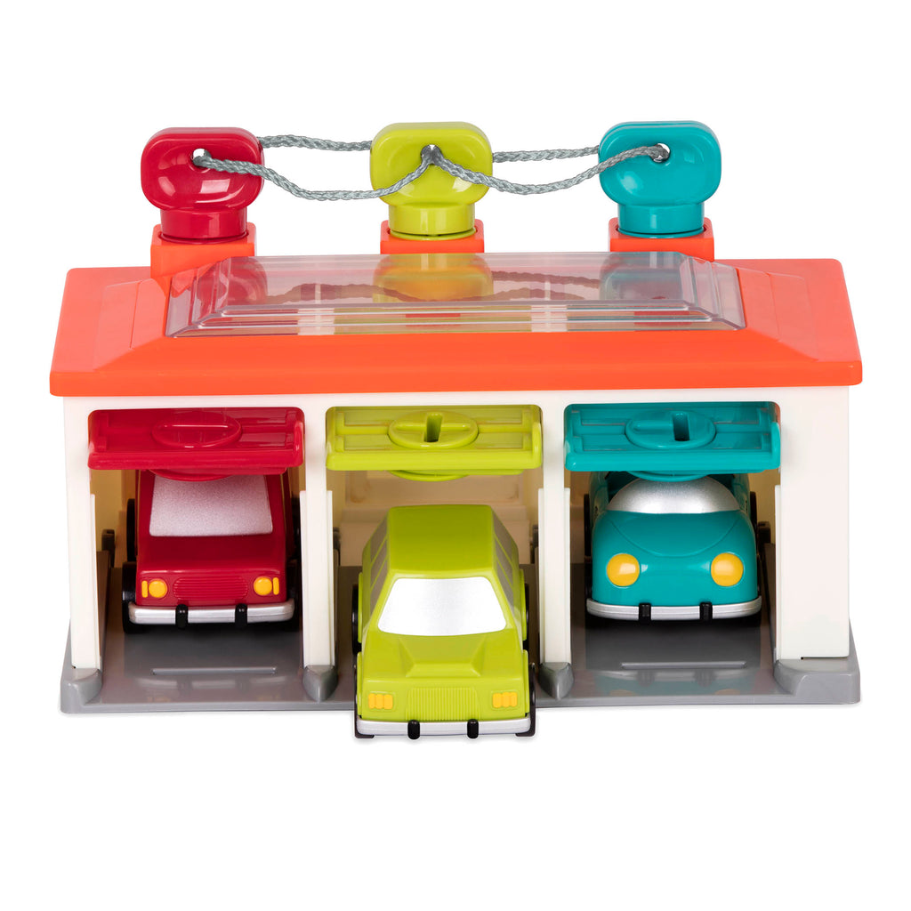 Toy garage and toy cars.