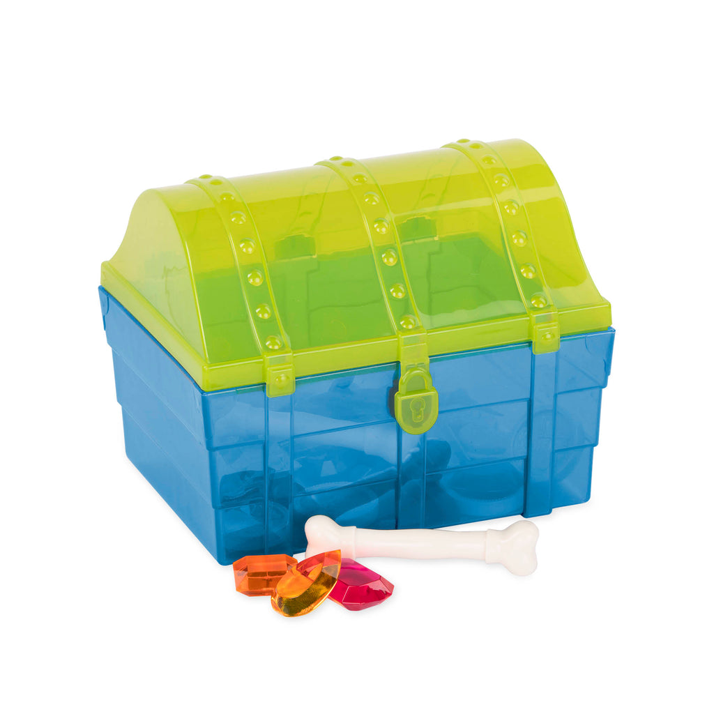 Toy treasure chest with pirate-themed pool toys.IPool and diving toys, including pretend gems, coins, bones, and more.IBlue and green toy treasure chest with pirate-themed pool toys.