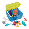 Toy treasure chest with pirate-themed pool toys.IPool and diving toys, including pretend gems, coins, bones, and more.IBlue and green toy treasure chest with pirate-themed pool toys.