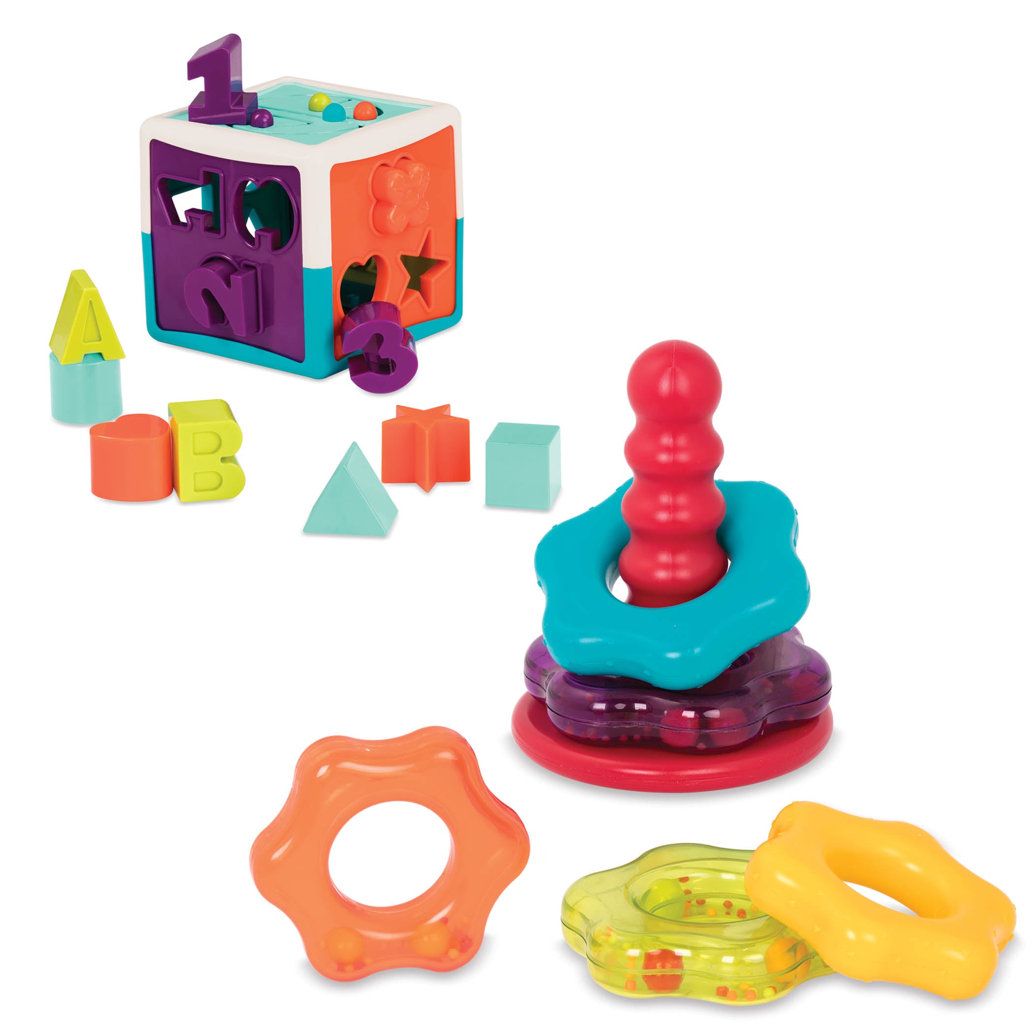 Shape sorter cube and stacking rings for toddlers.
