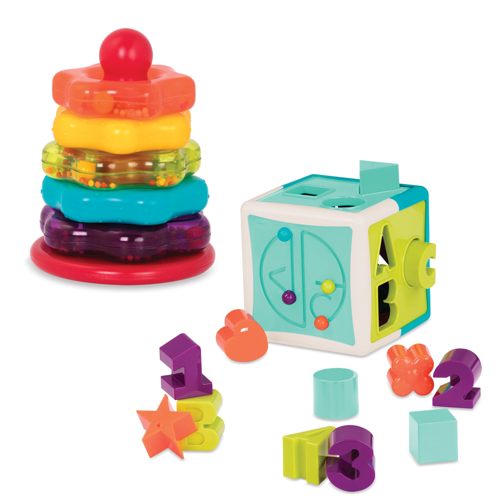Shape sorter cube and stacking rings for toddlers.