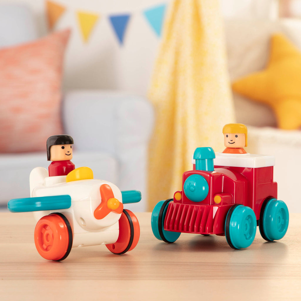 Pump and go toy plane and train with drivers.