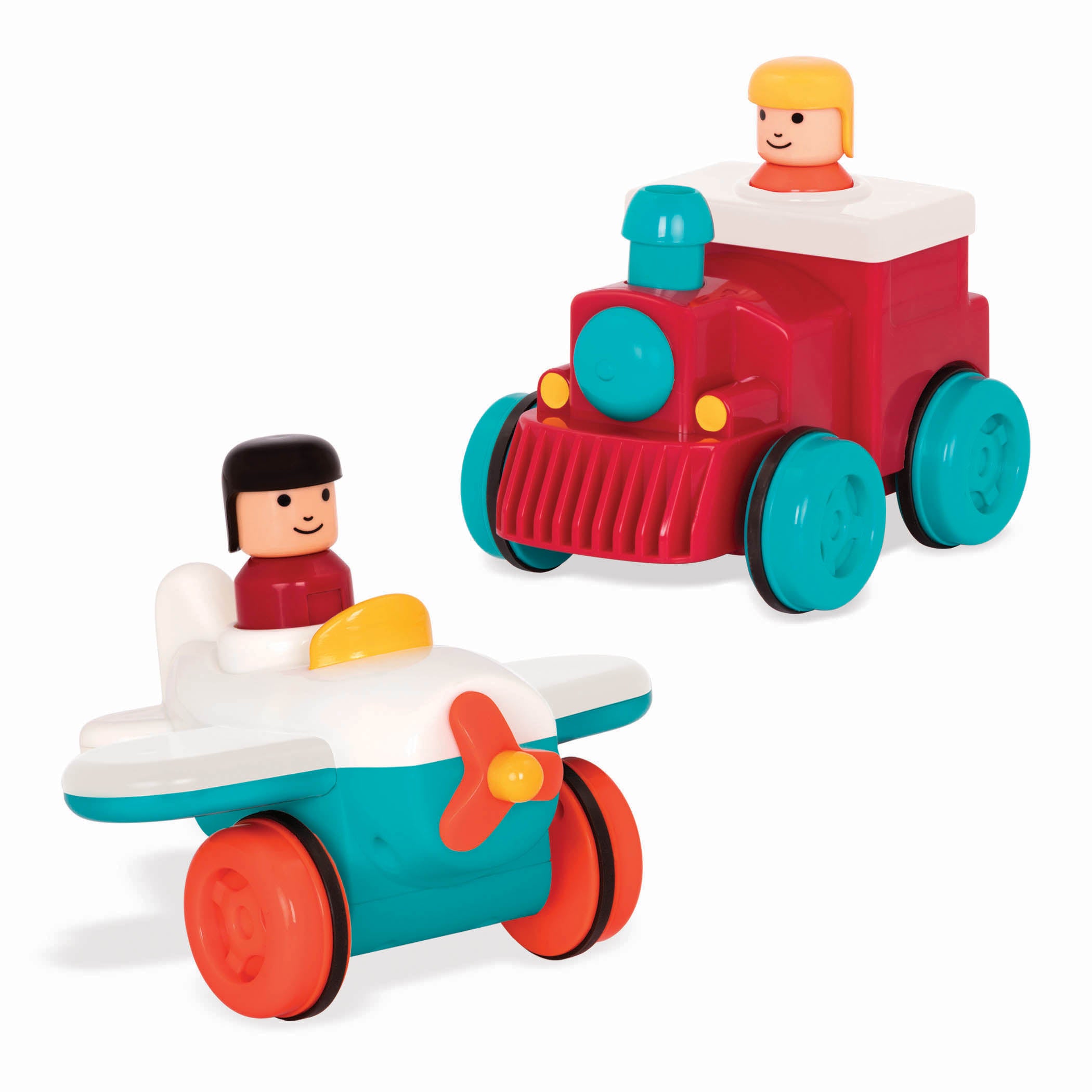 Pump and go toy plane and train with drivers.