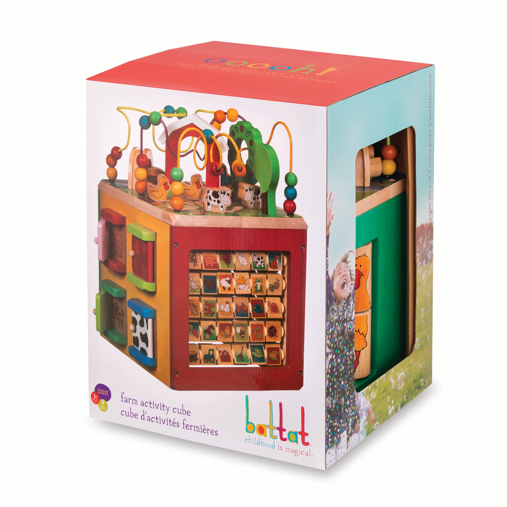 Farm animal activity center with a bead maze on top.
