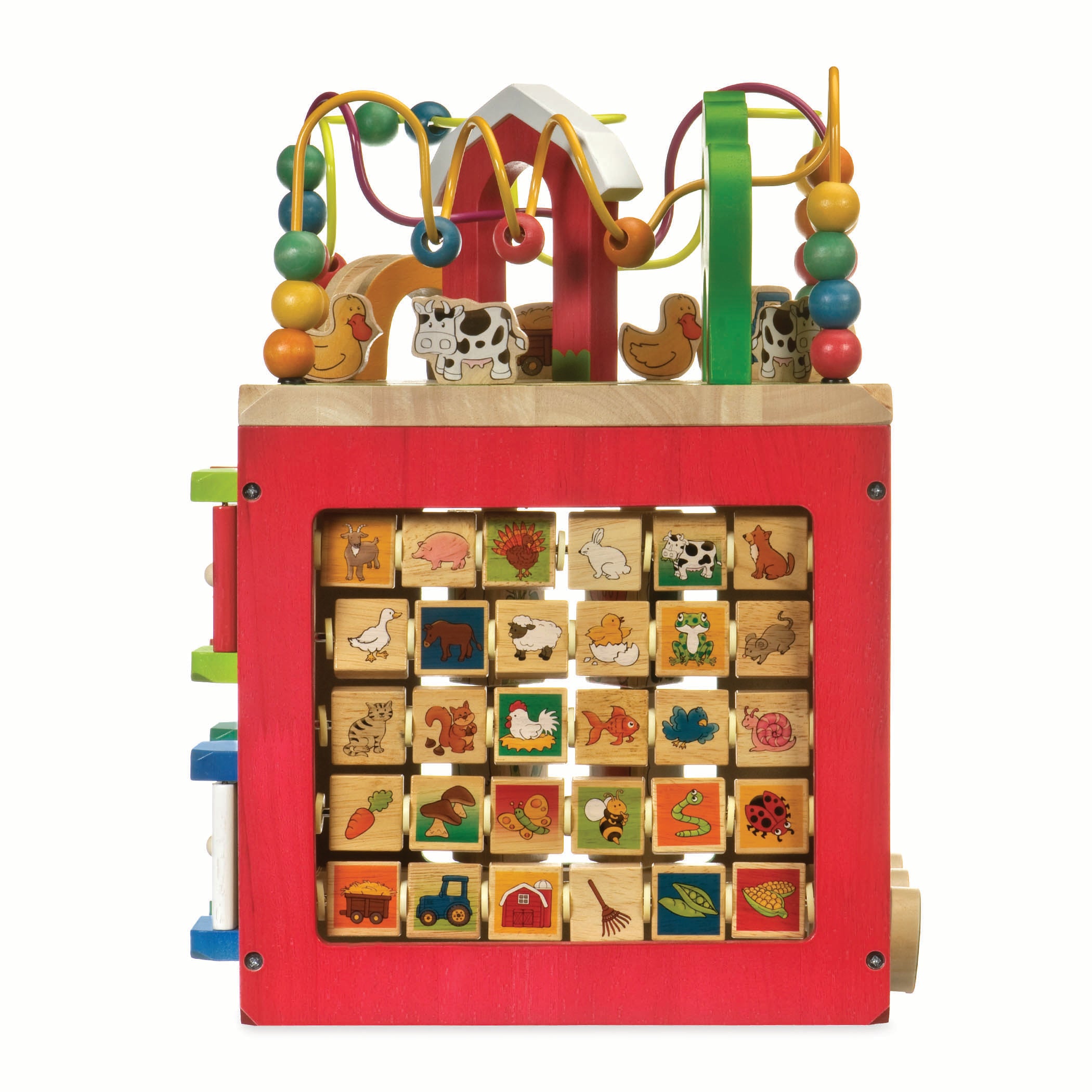 Farm animal activity center with a bead maze on top.