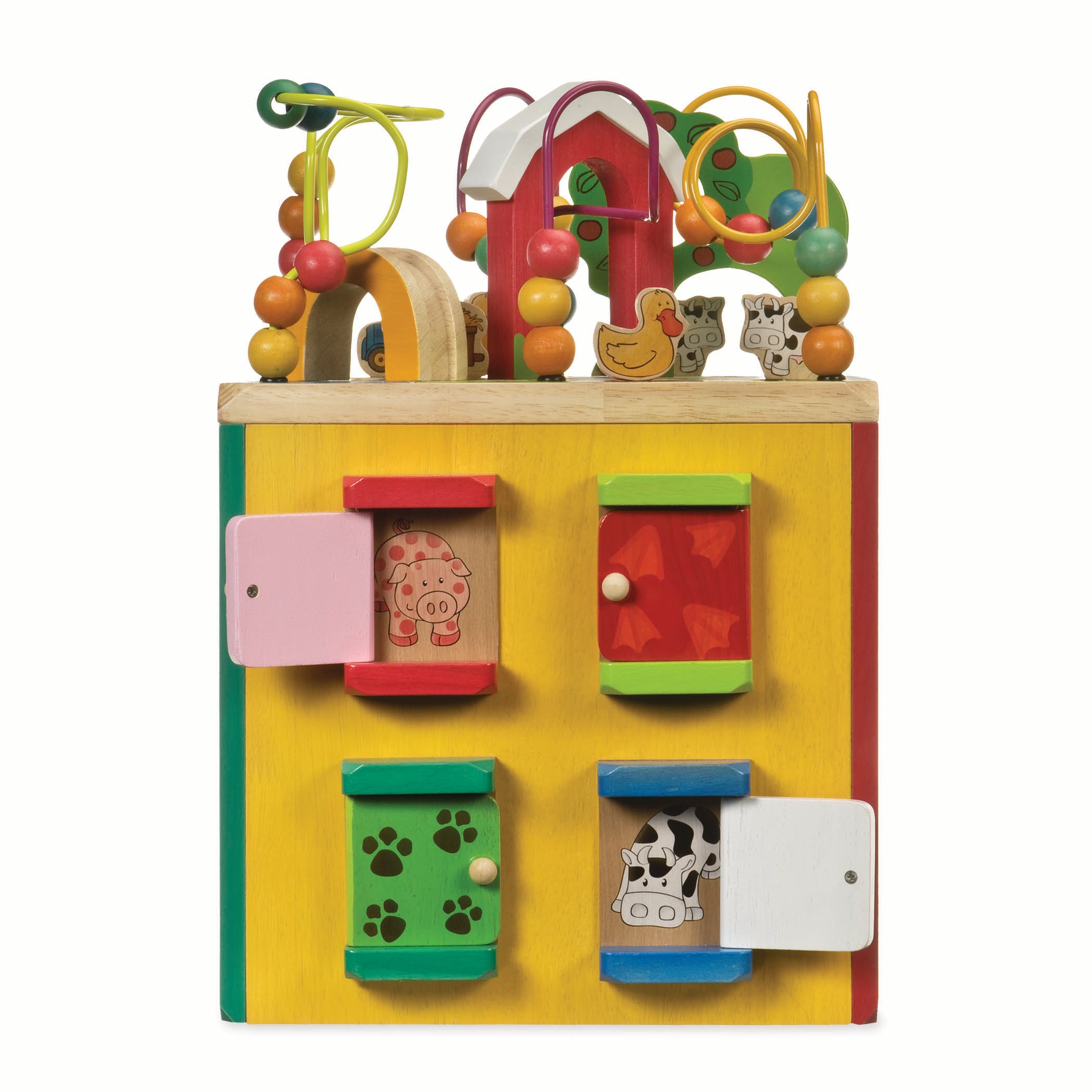 Farm animal activity center with a bead maze on top.