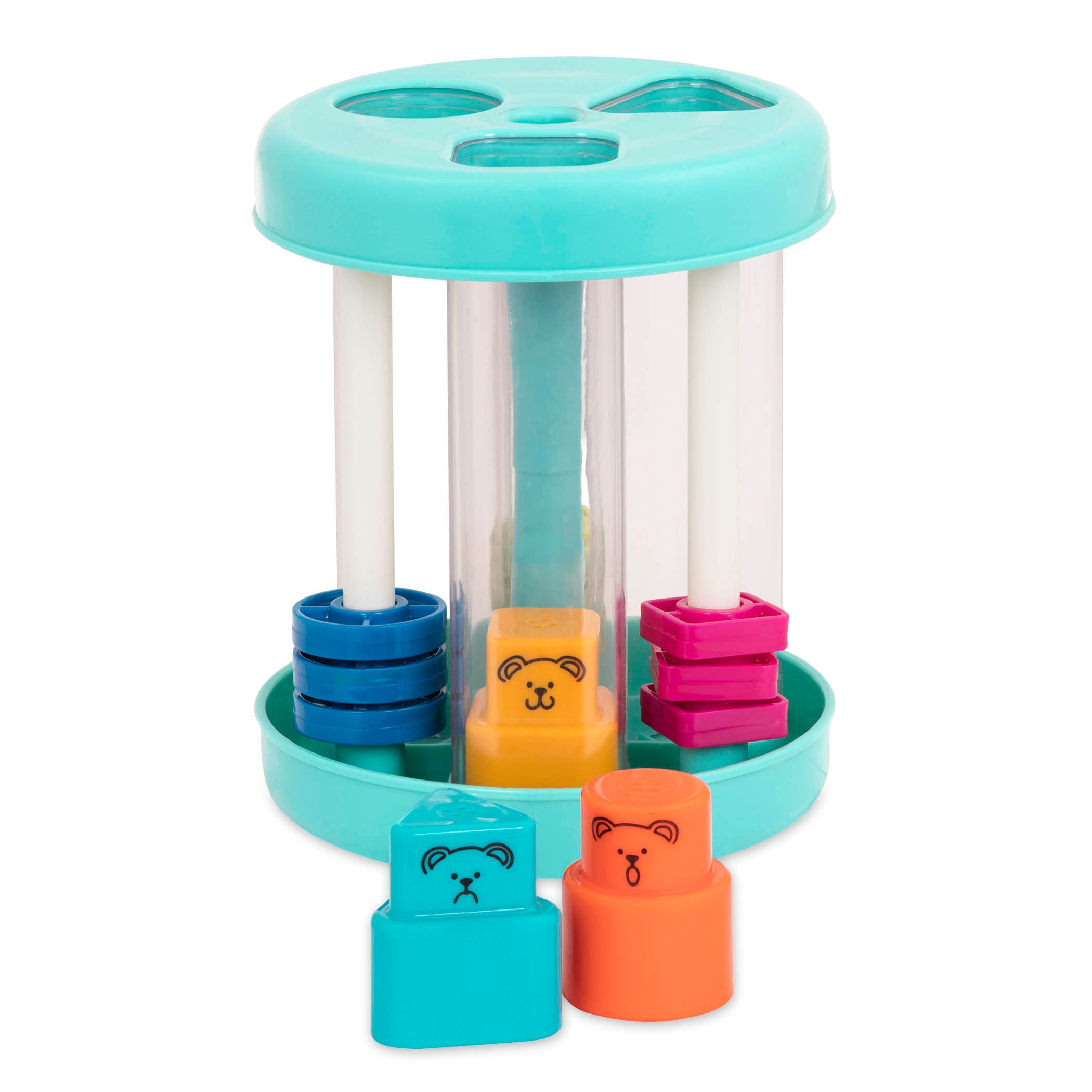 Colorful shape sorting toy with beads and cute bear faces.
