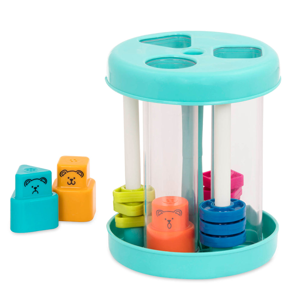 Colorful shape sorting toy with beads and cute bear faces.