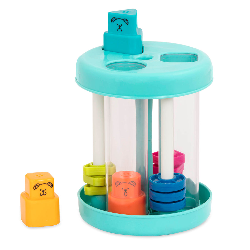 Colorful shape sorting toy with beads and cute bear faces.