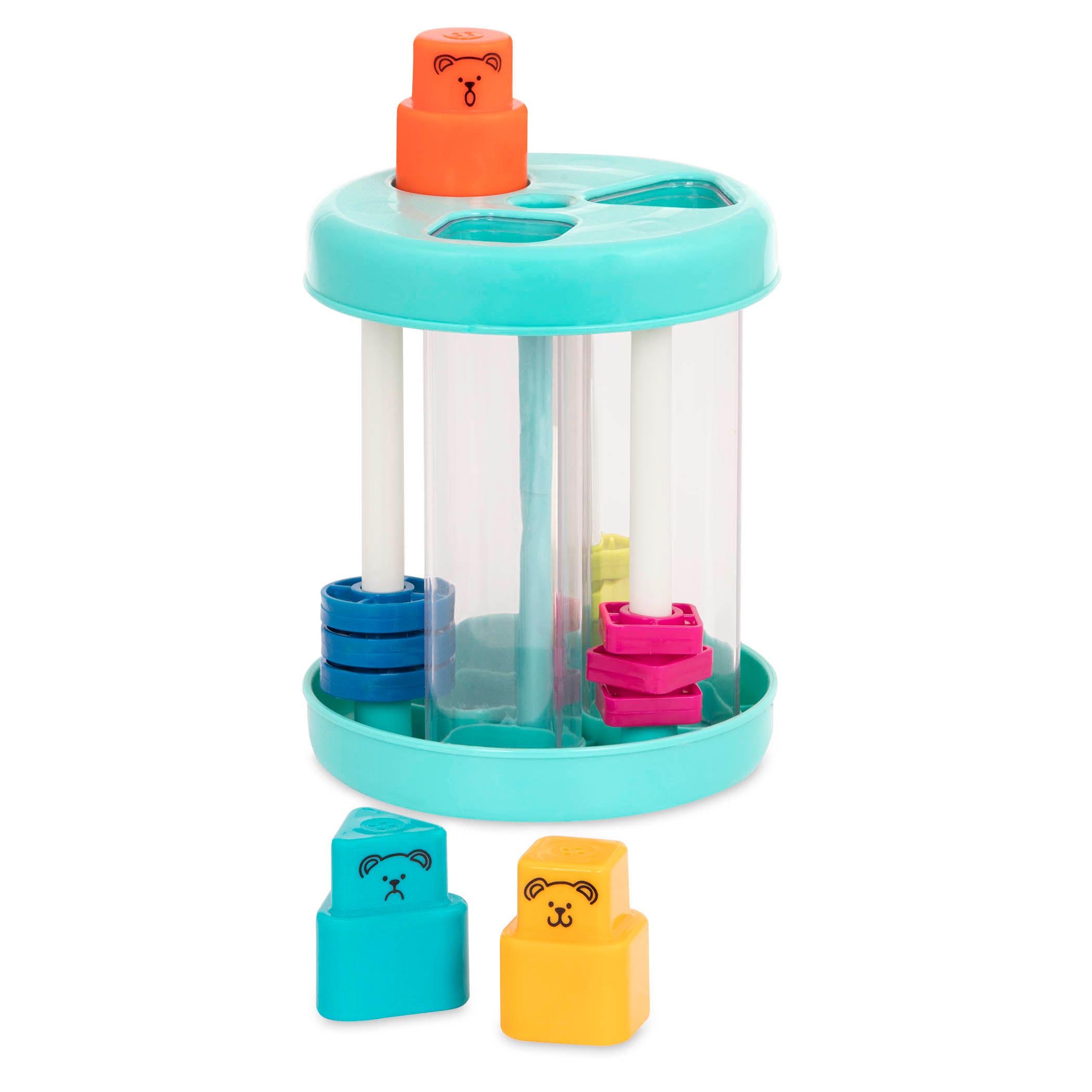 Colorful shape sorting toy with beads and cute bear faces.