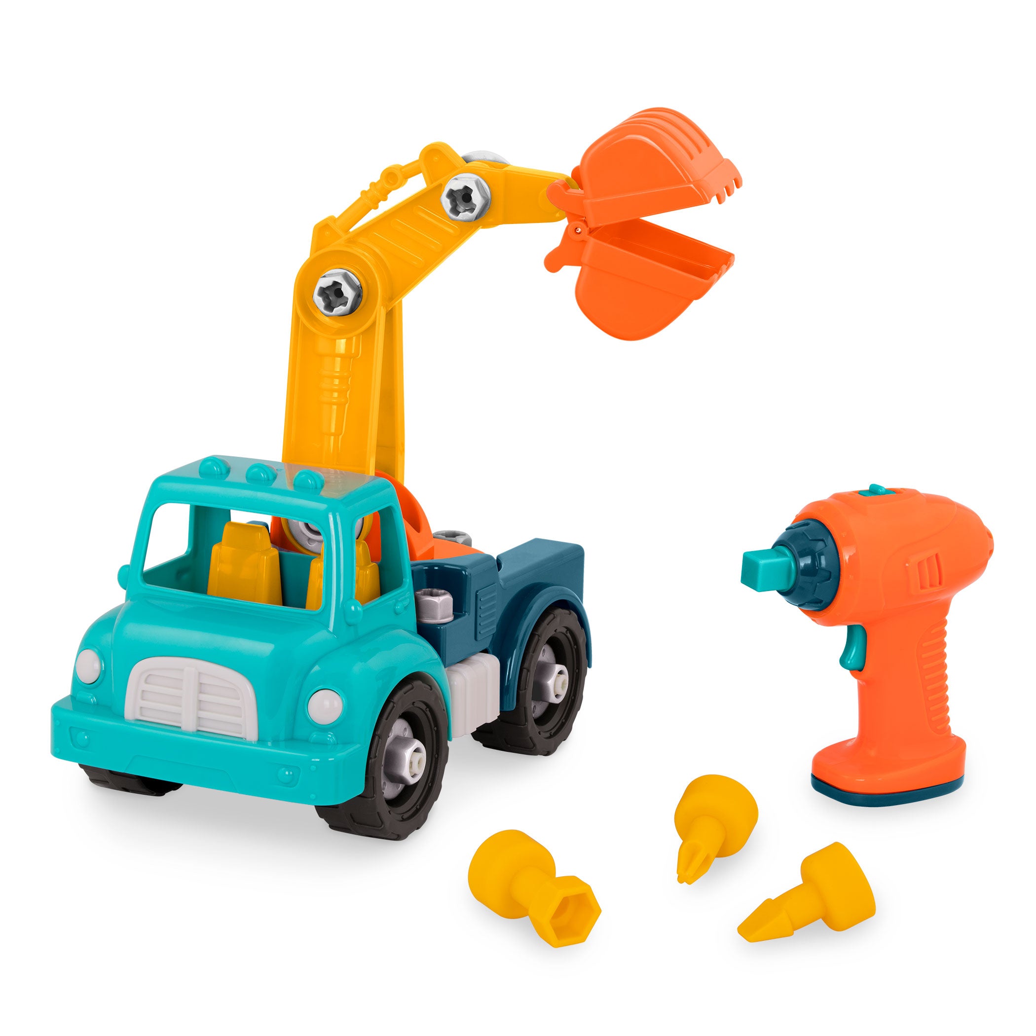 The Take Apart Crane Truck from Battat with the included toy drill and drill bits.