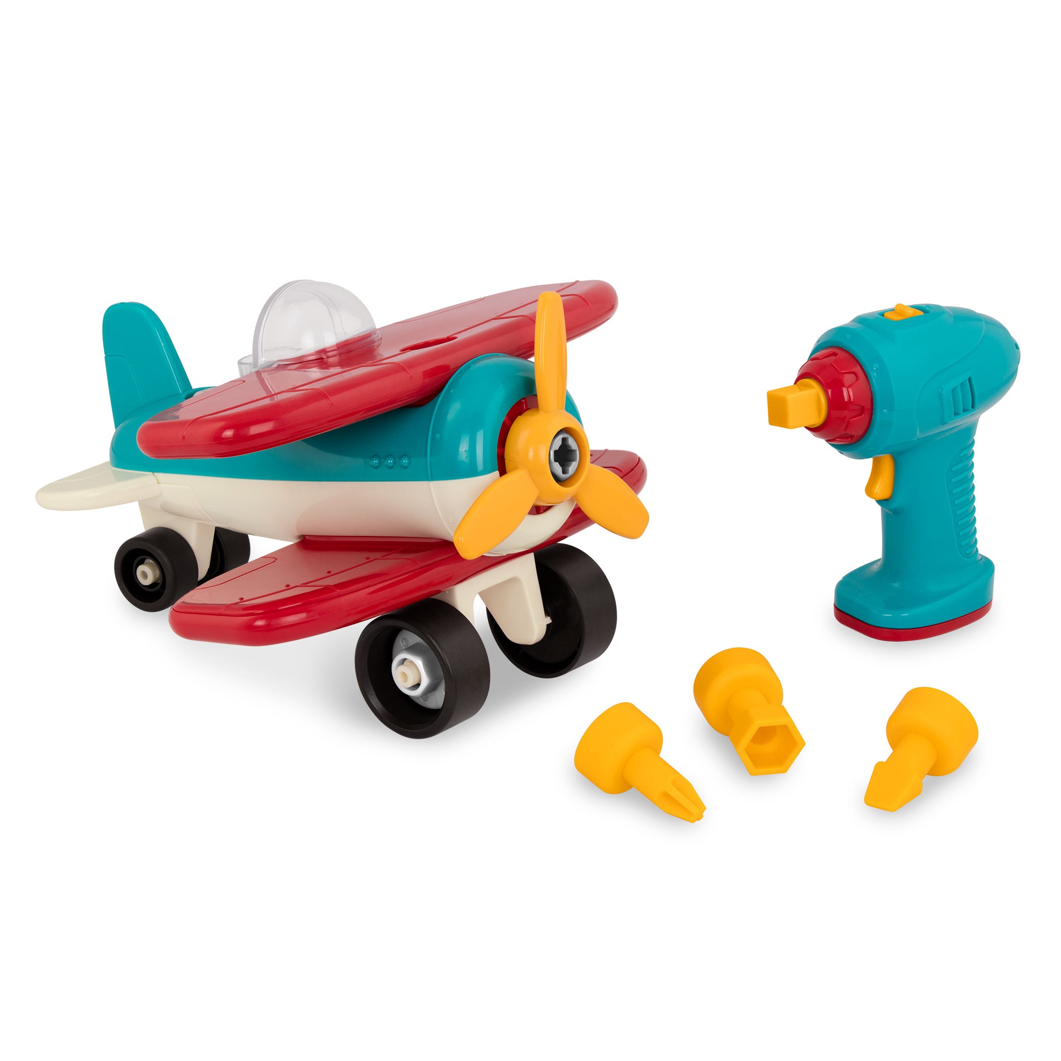 The Take Apart Airplane from Battat with the included toy drill and drill bits.