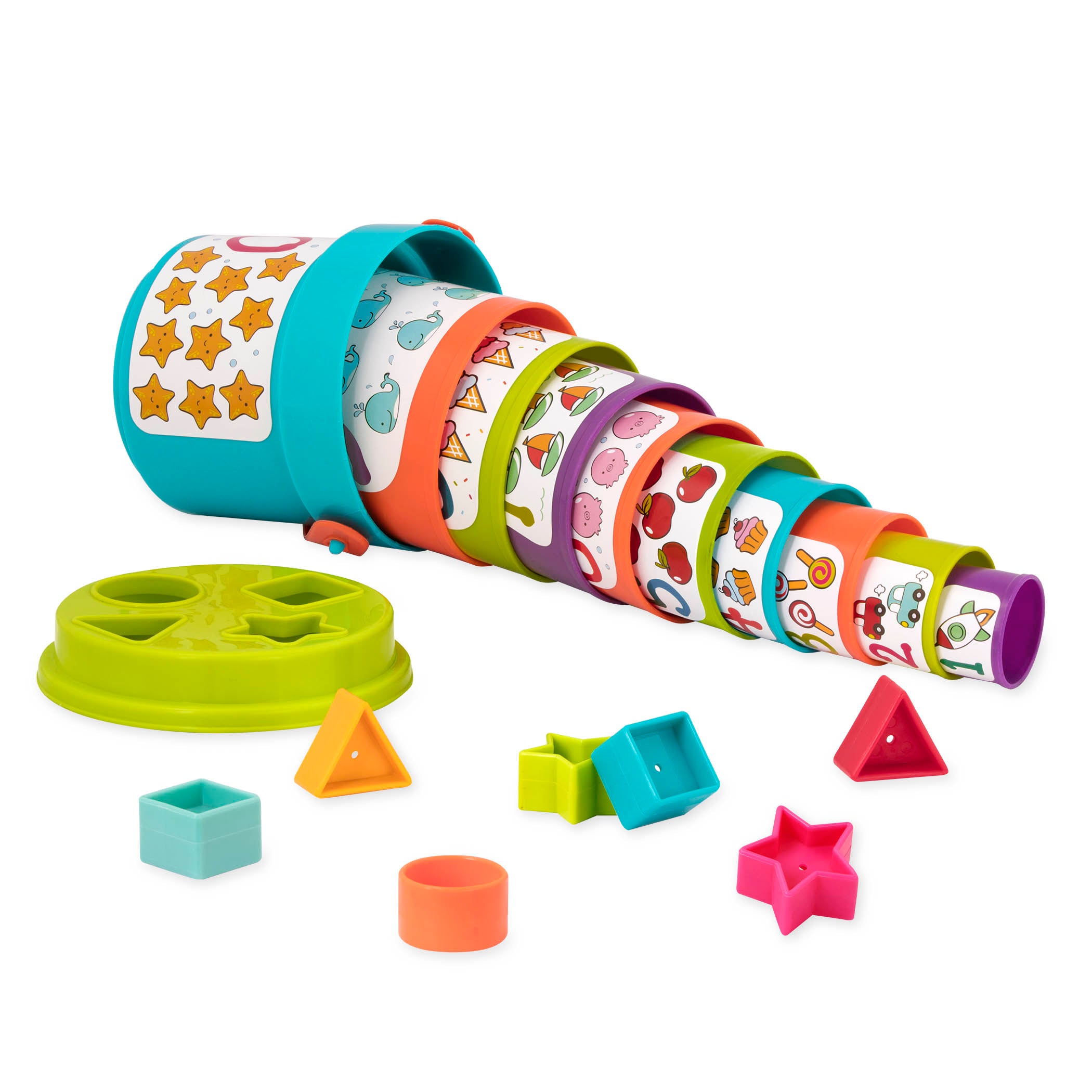 Stacking buckets for toddler with shapes to sort.