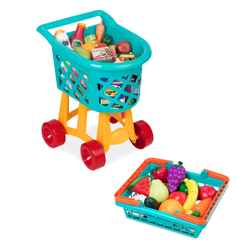 A blue and yellow shopping cart and farmer's market basket, both are full of toy foods.