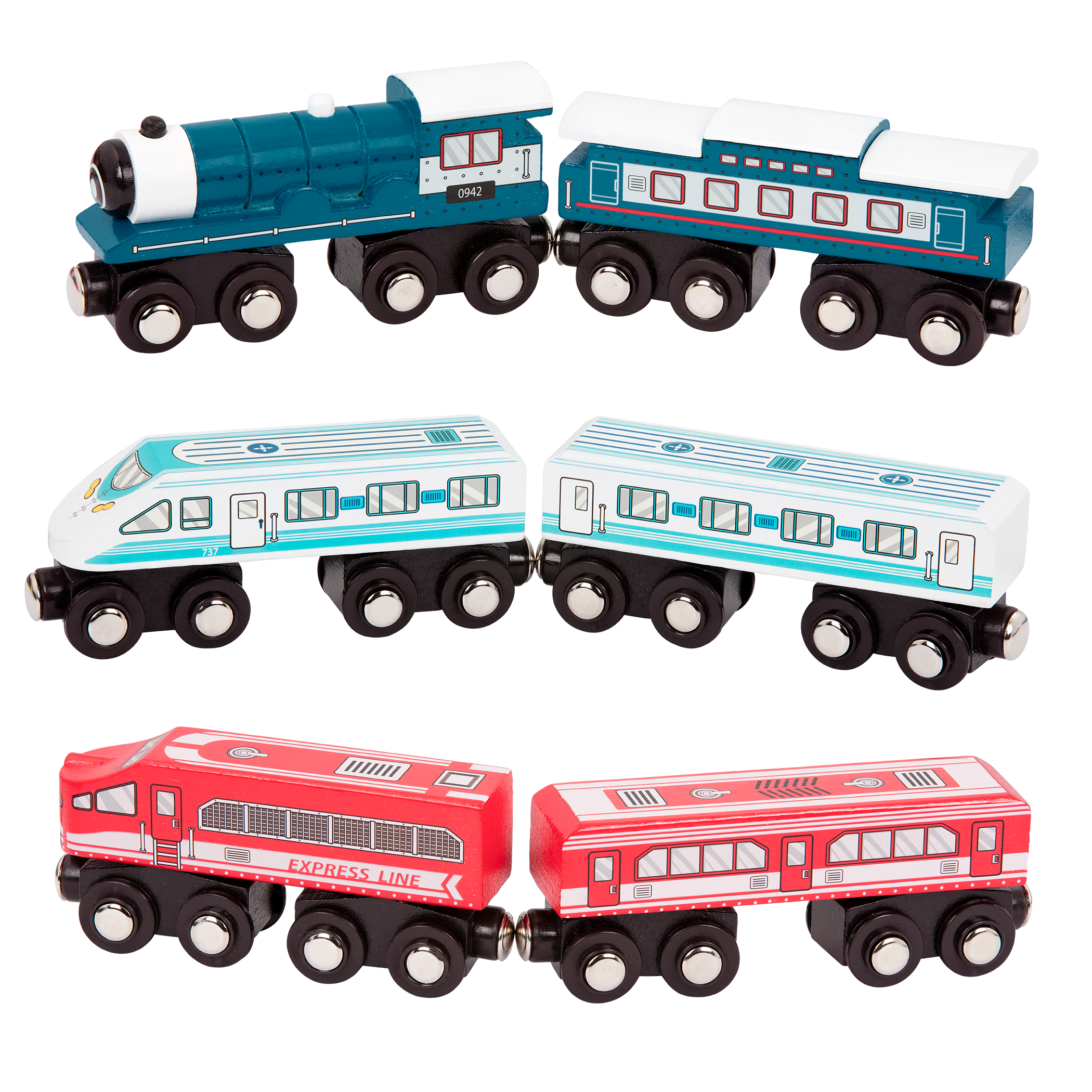 Wooden toy trains.