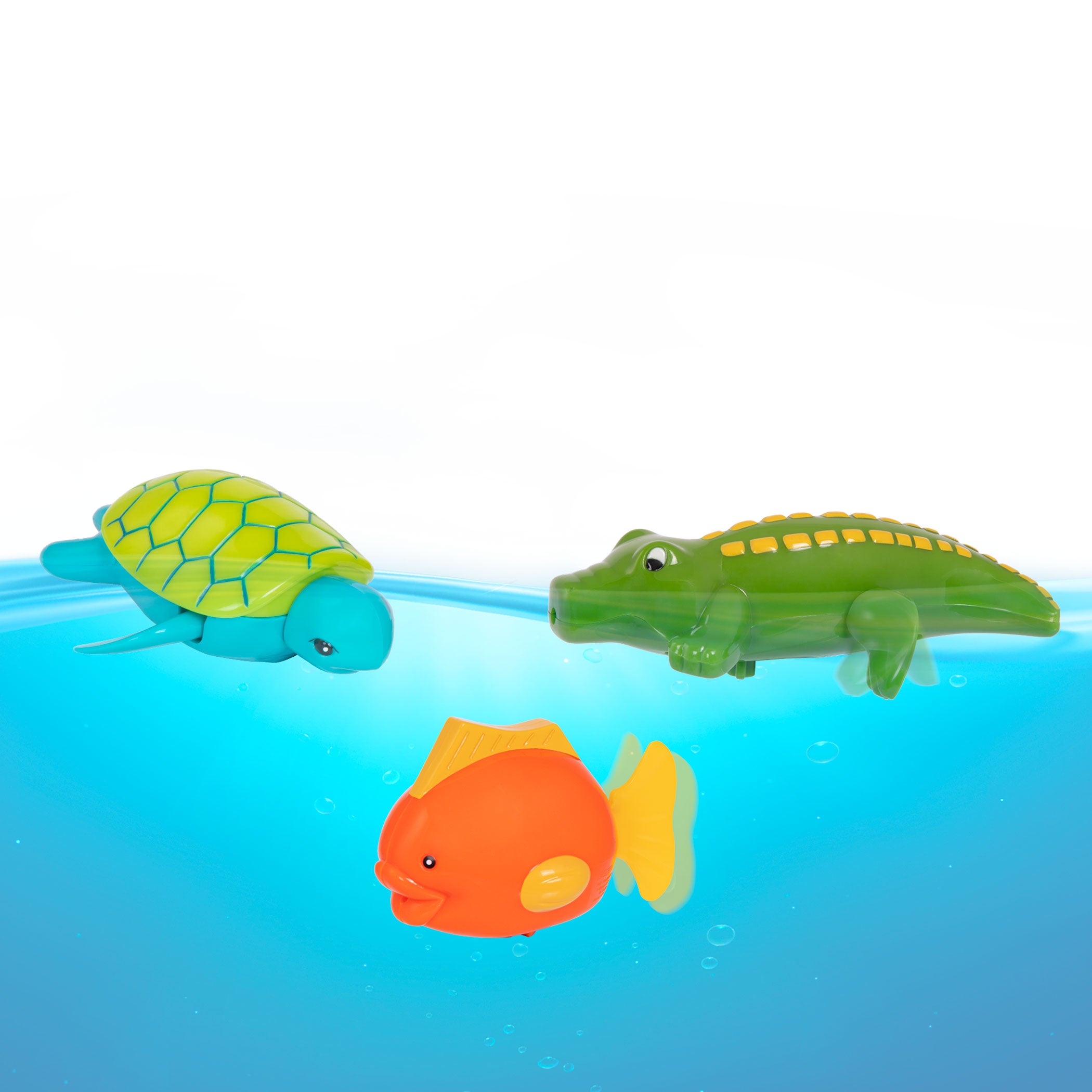 4 animal bath toys, a turtle, crocodile, fish, and whale.