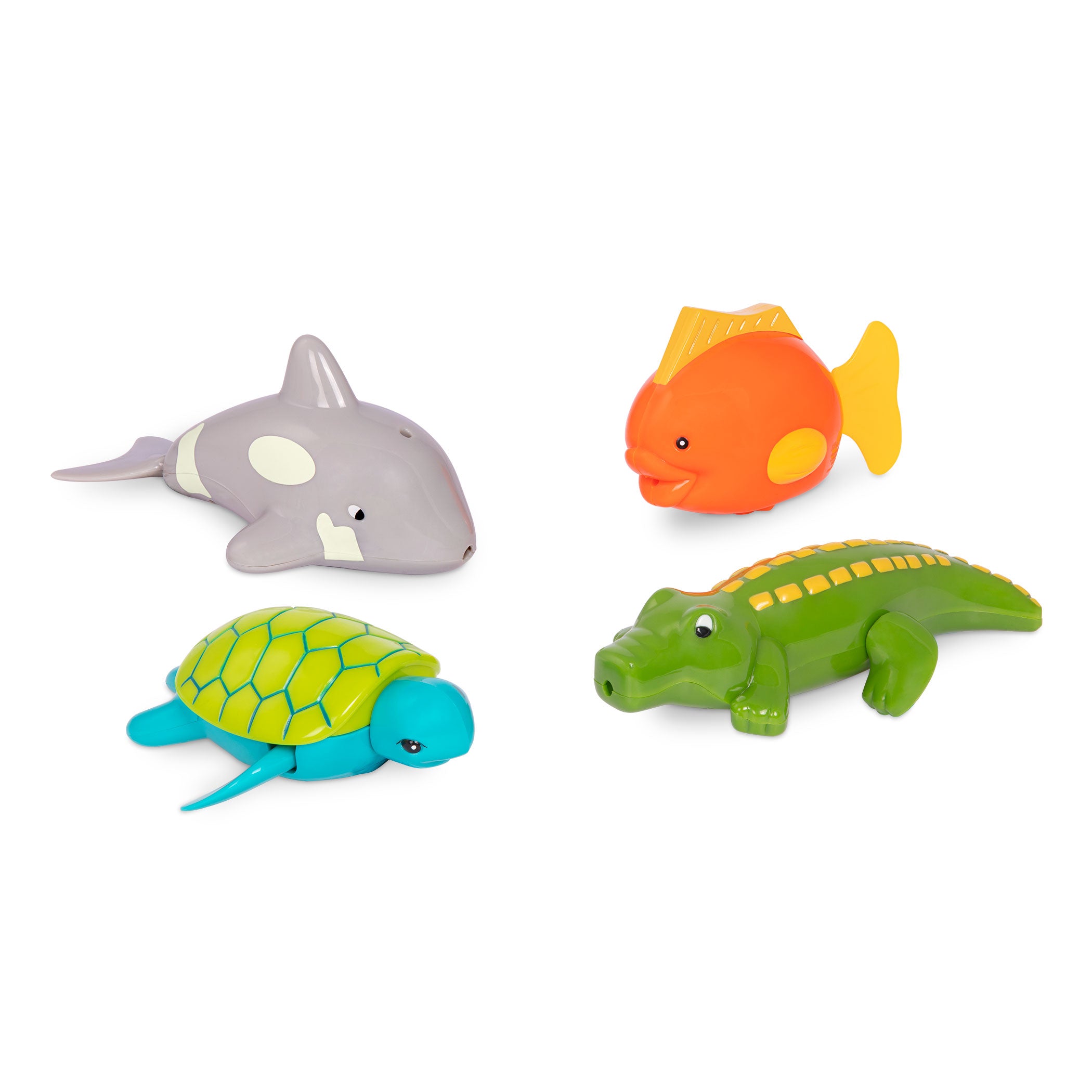 4 animal bath toys, a turtle, crocodile, fish, and whale.