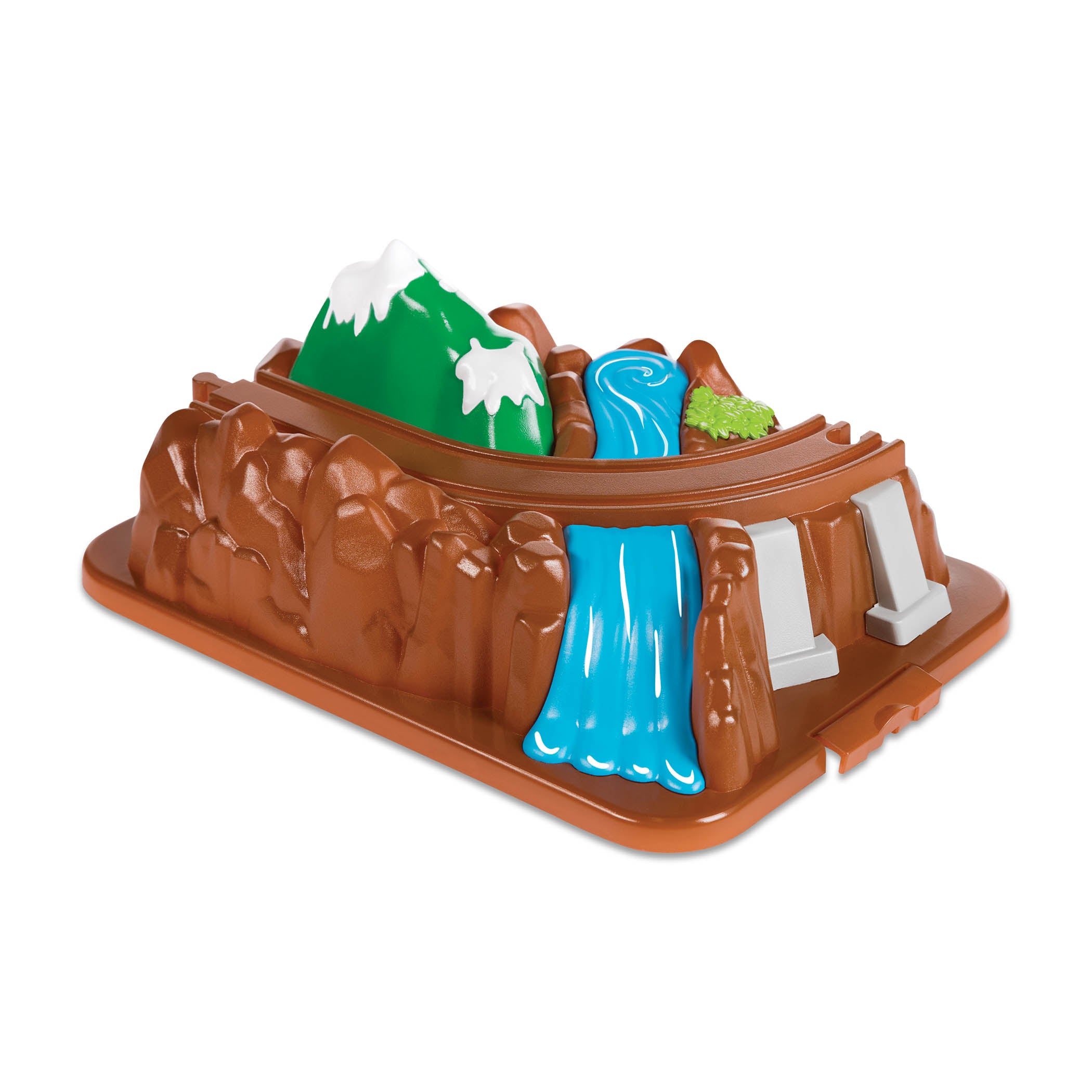 Storage that doubles as a mountain landscape with tracks over a pretend river.