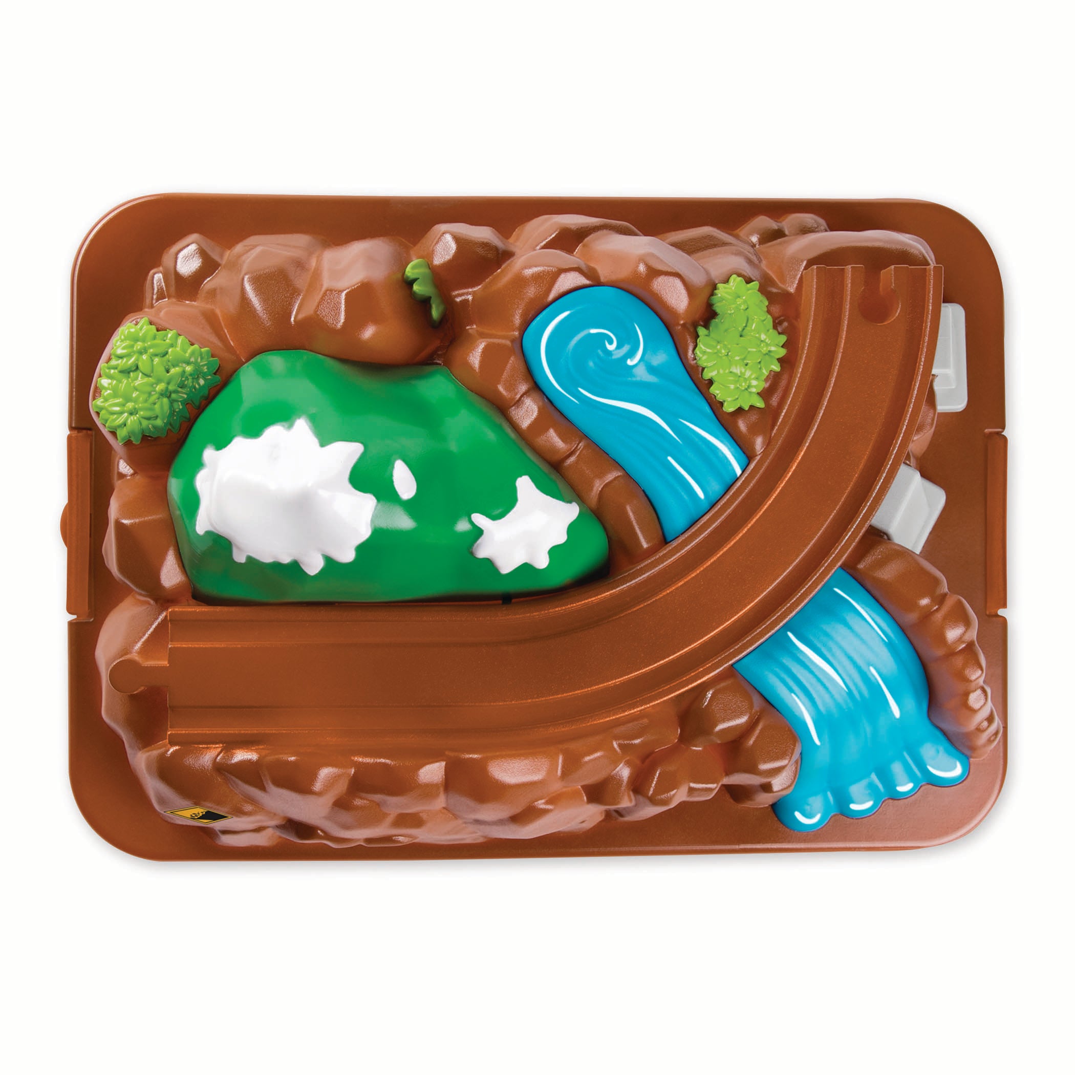 Storage that doubles as a mountain landscape with tracks over a pretend river.