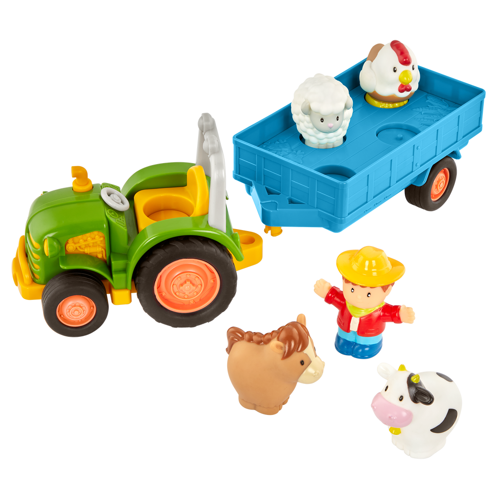 Toy tractor with a farmer and animal figurines.
