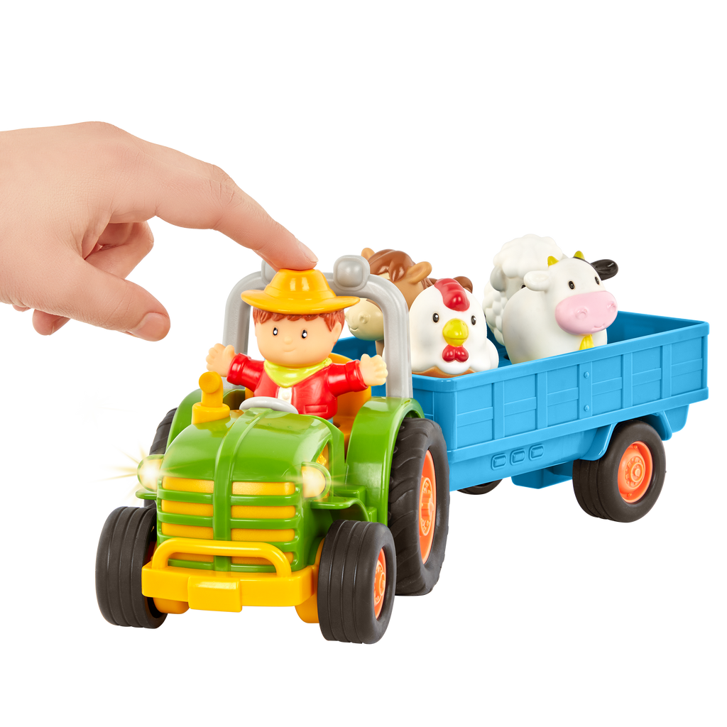 Toy tractor with a farmer and animal figurines.