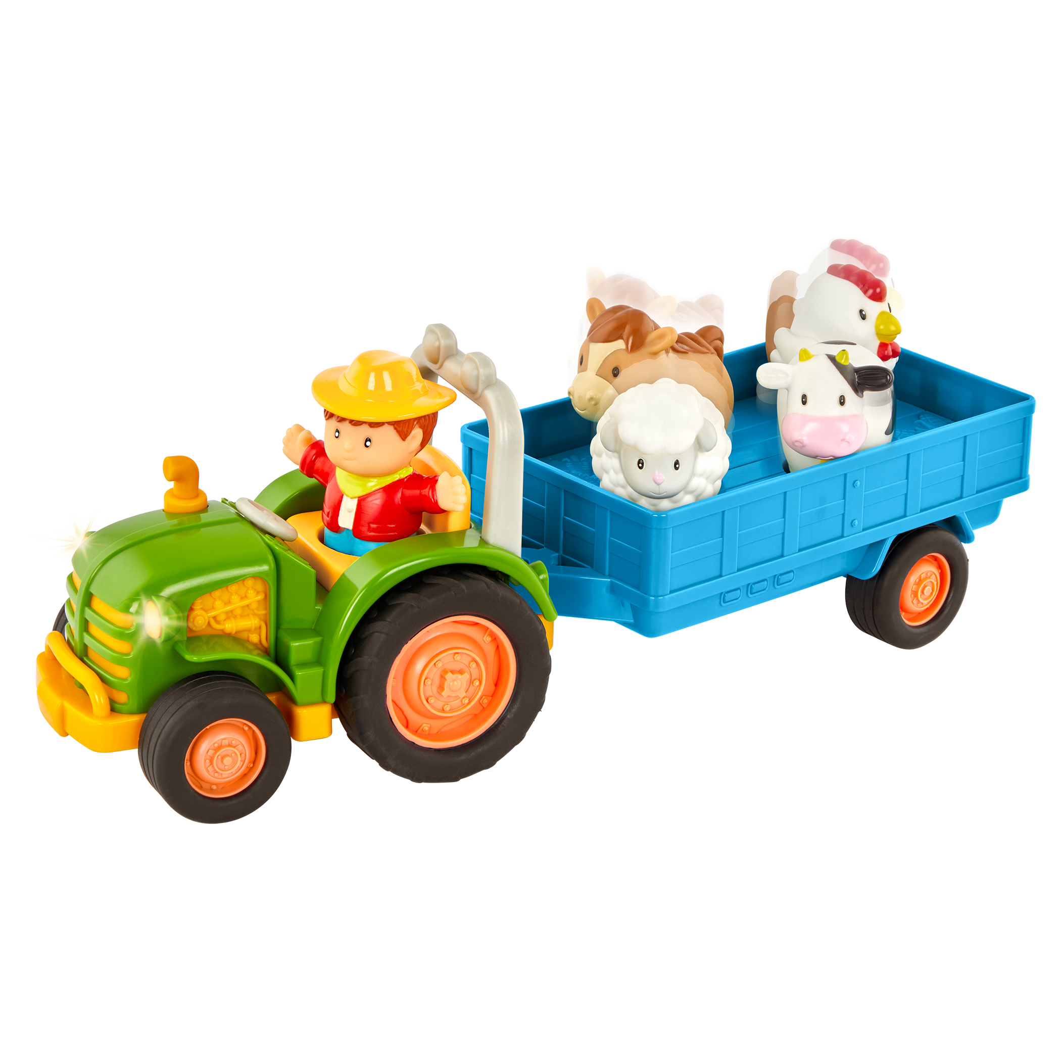 Toy tractor with a farmer and animal figurines.