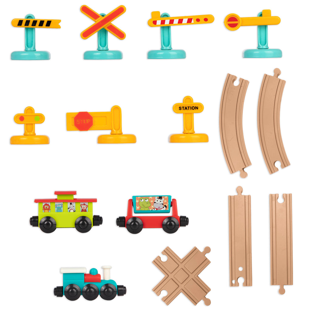 Toy train set with tracks and colorful trains and accessories