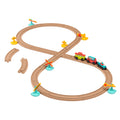 Toy train set with tracks and colorful trains and accessories