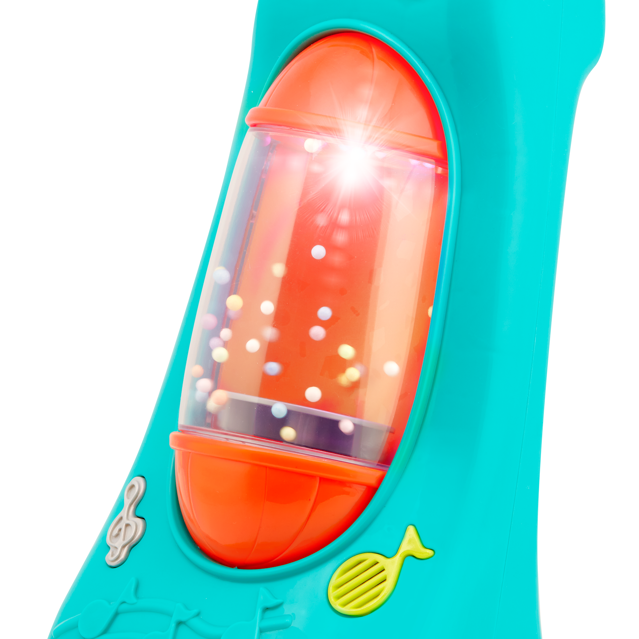 Colorful toy vacuum with music note graphics.