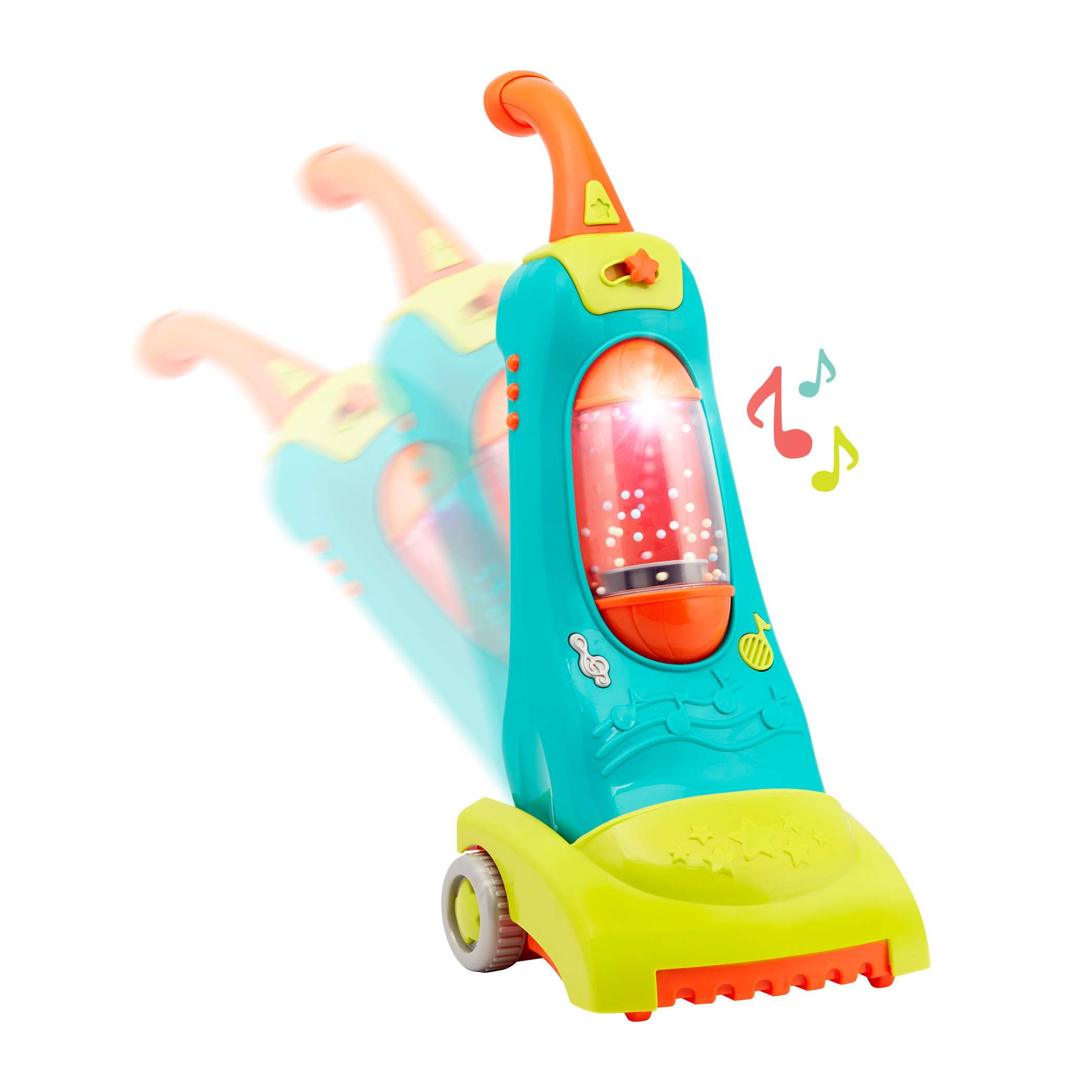 Colorful toy vacuum with music note graphics.