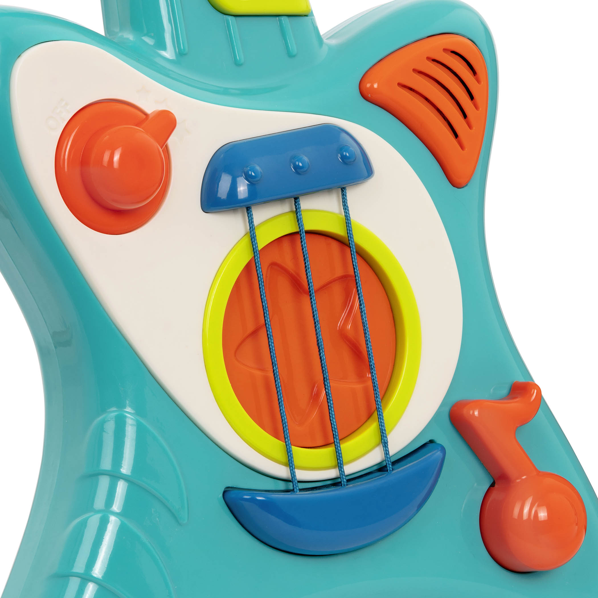 Toy guitar, with a blue body and green and orange buttons.