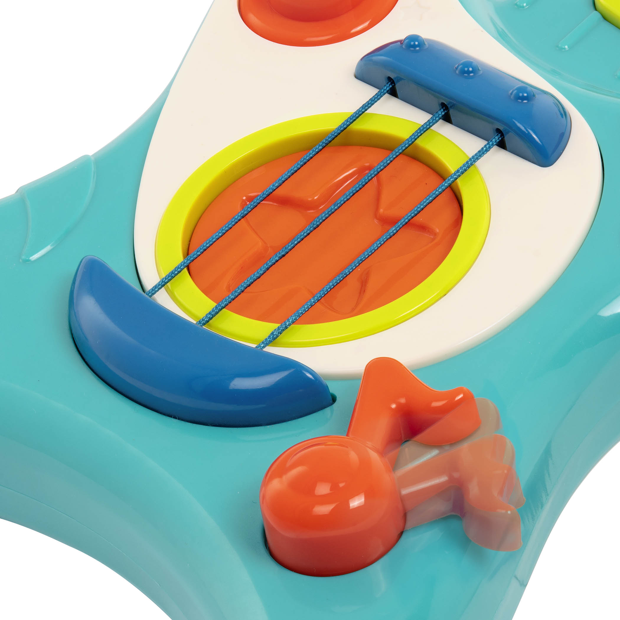 Toy guitar, with a blue body and green and orange buttons.