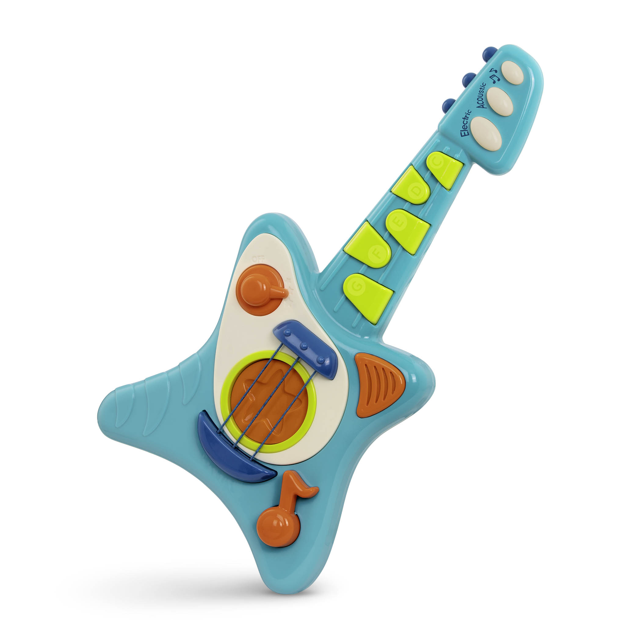Toy guitar, with a blue body and green and orange buttons.