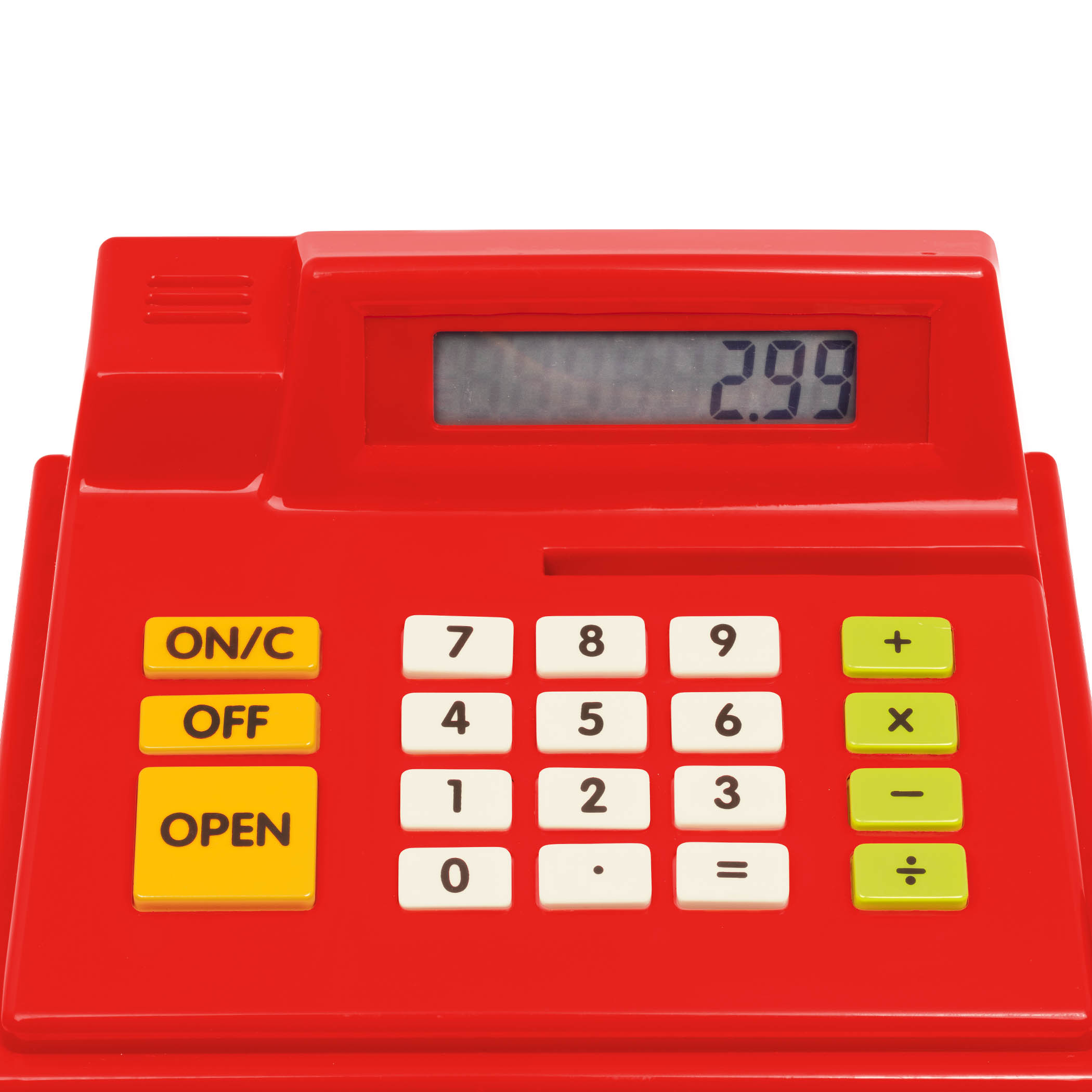 Toy cash register with drawer open and accessories surrounding it.