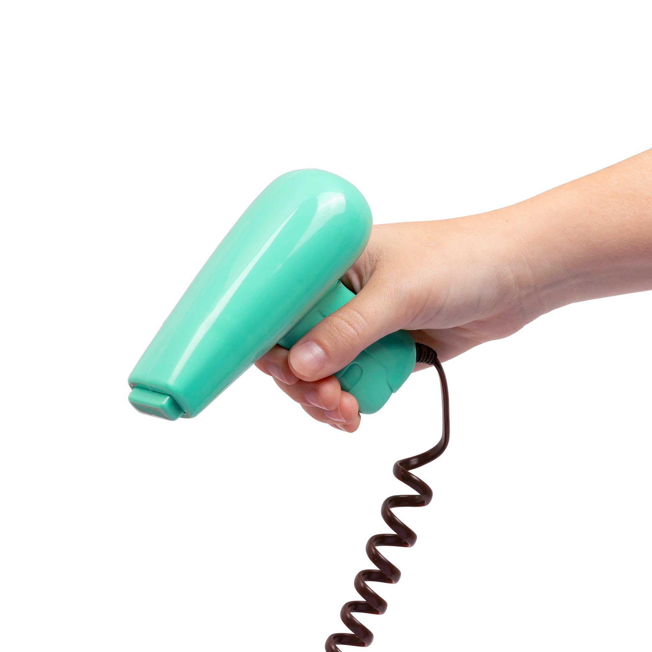 Toy cash register with drawer open and accessories surrounding it.