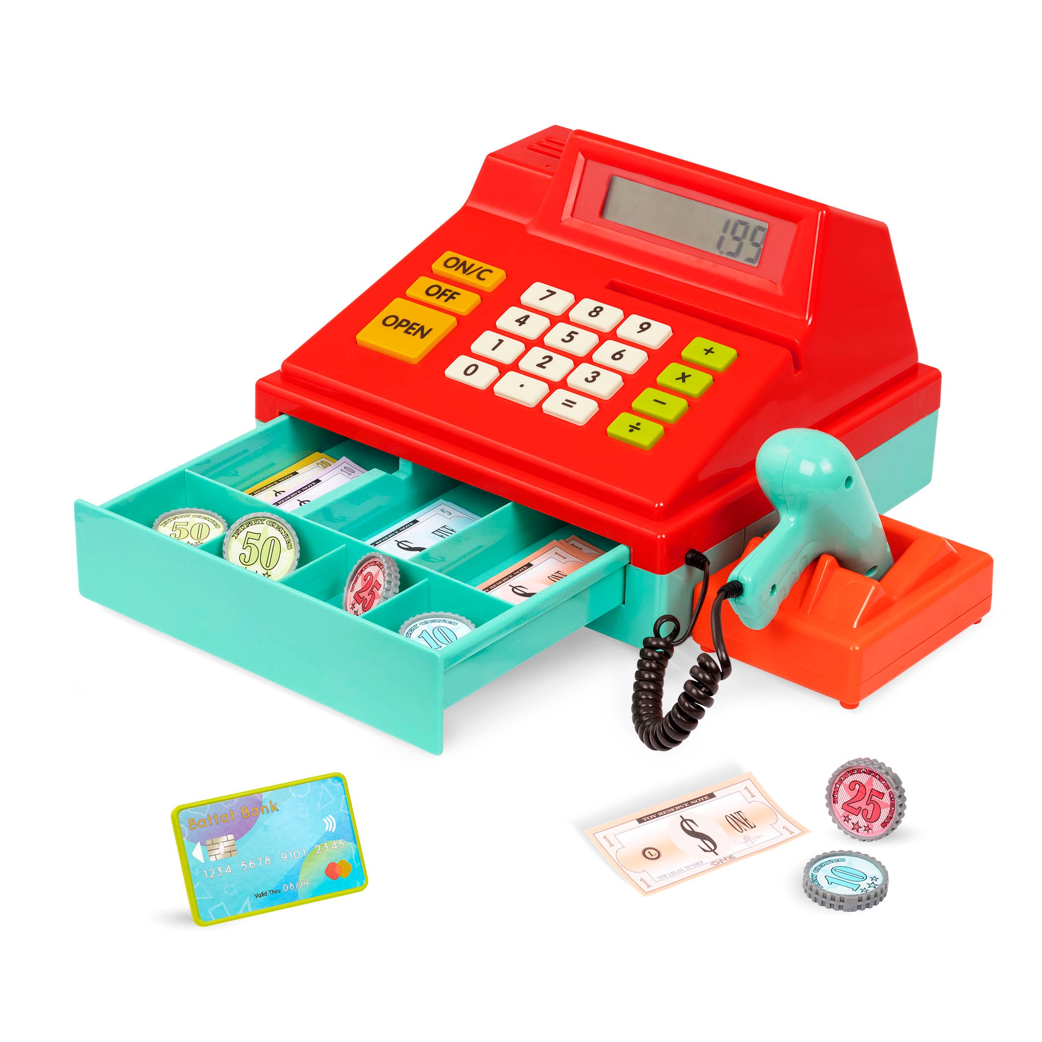 Toy cash register with drawer open and accessories surrounding it.