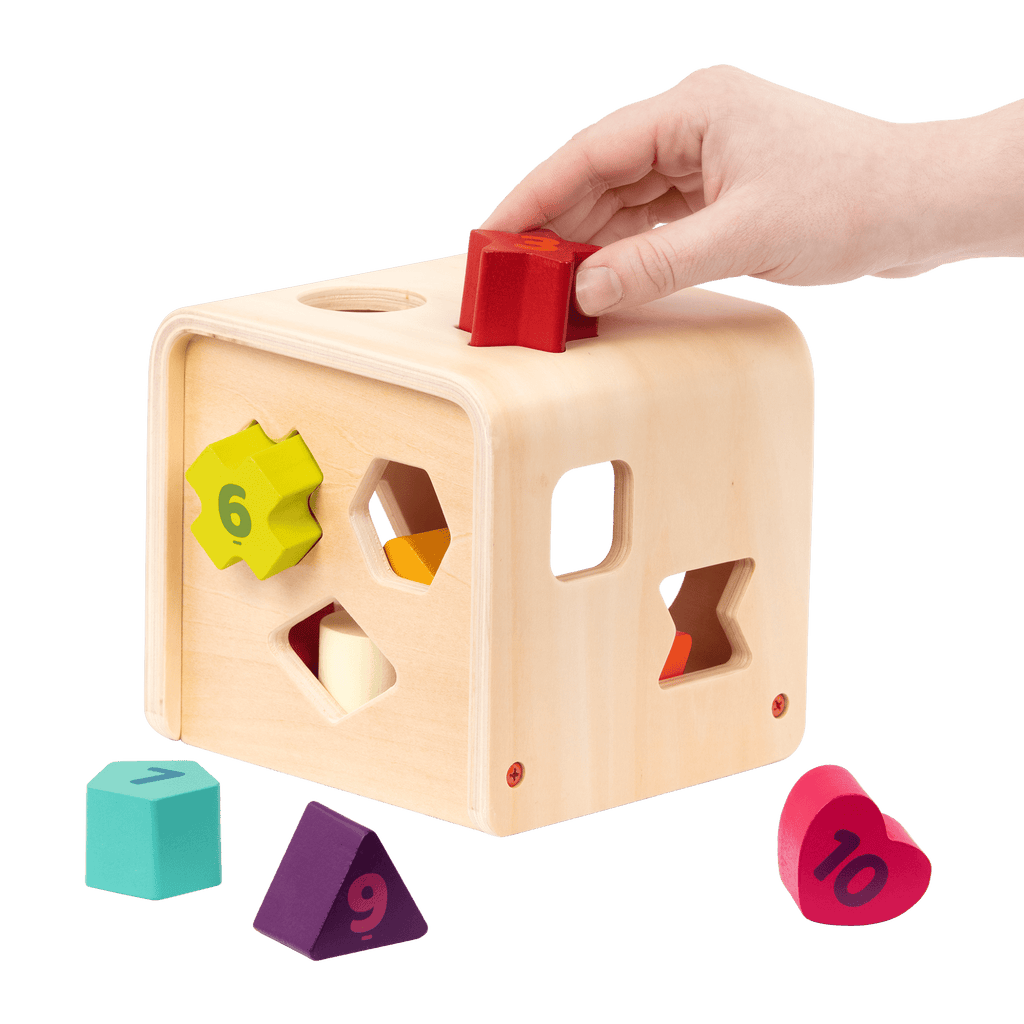 Wooden shape sorting toy.