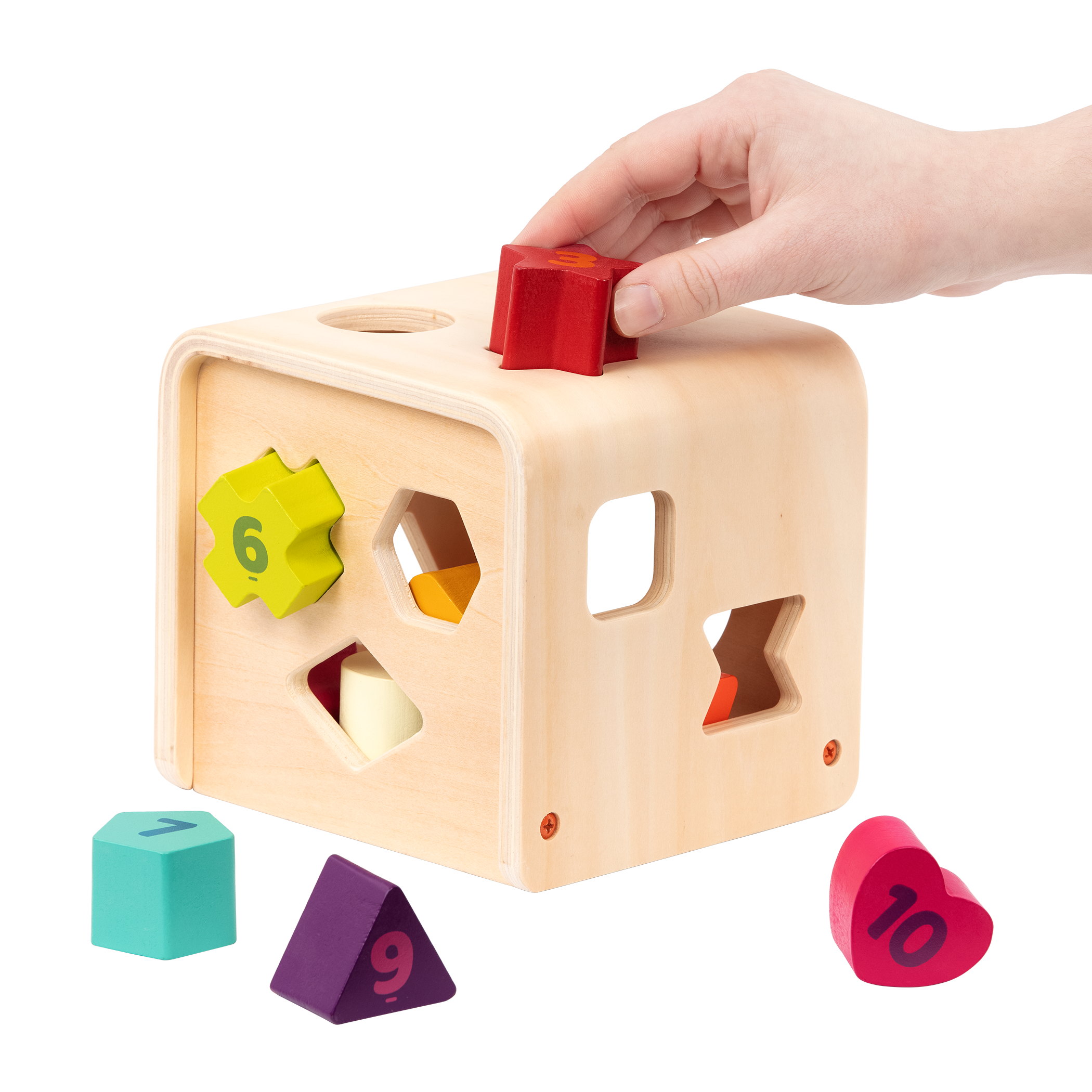Wooden shape sorting toy.