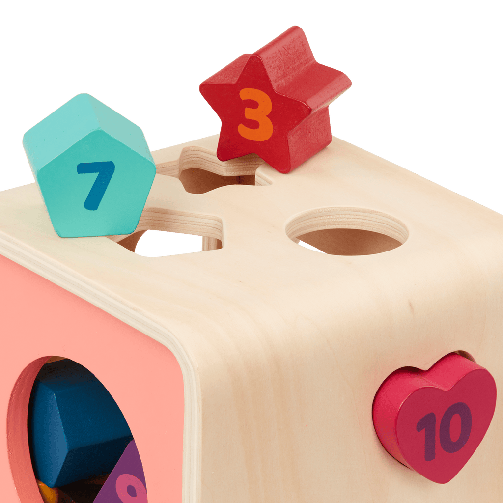 Wooden shape sorting toy.