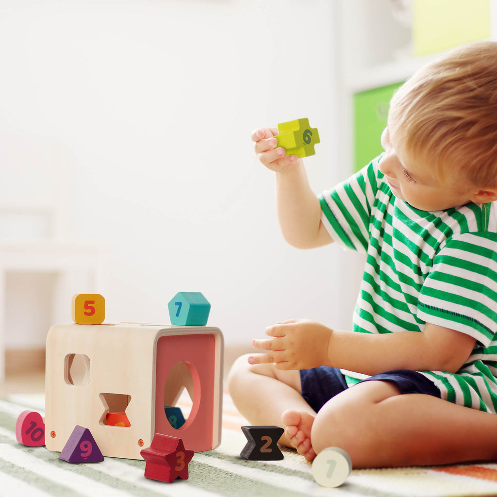 Wooden shape sorting toy.