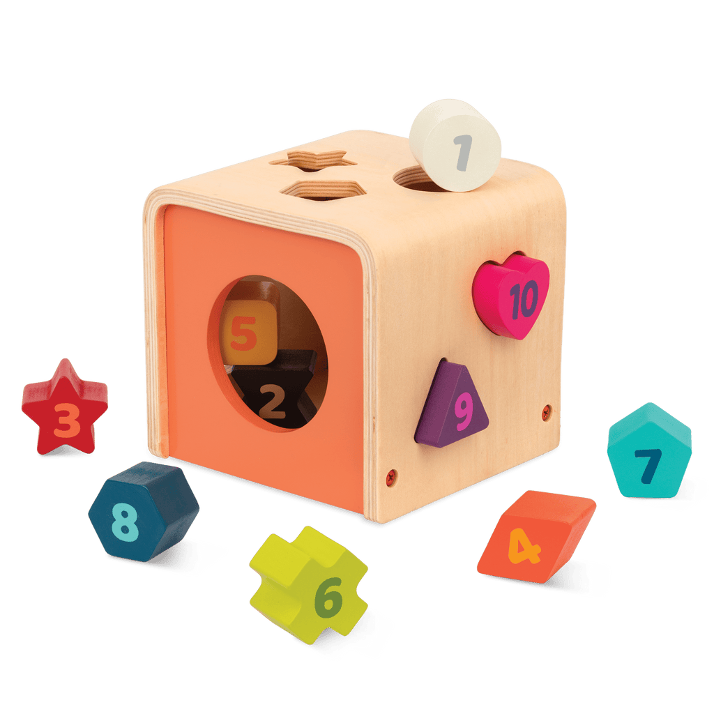 Wooden shape sorting toy.