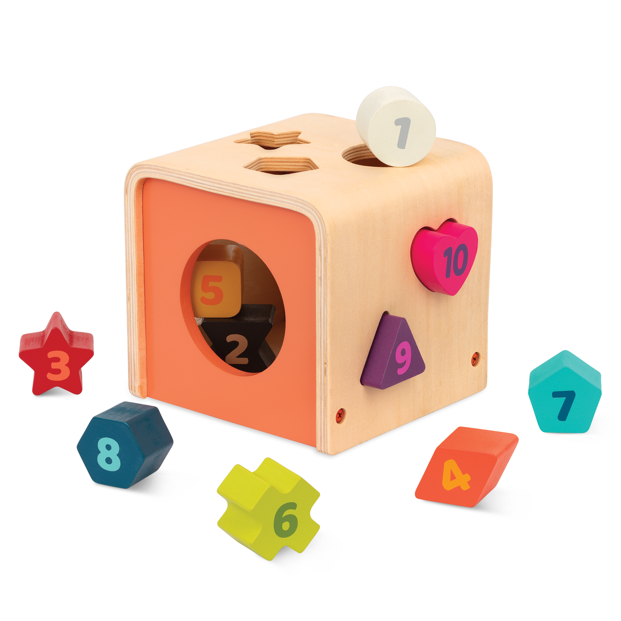 Wooden shape sorting toy.