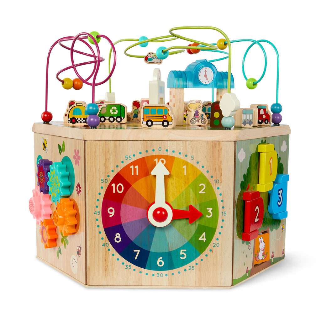 A 7-sided activity cube with a colorful pretend clock.