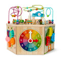 A 7-sided activity cube with a colorful pretend clock.