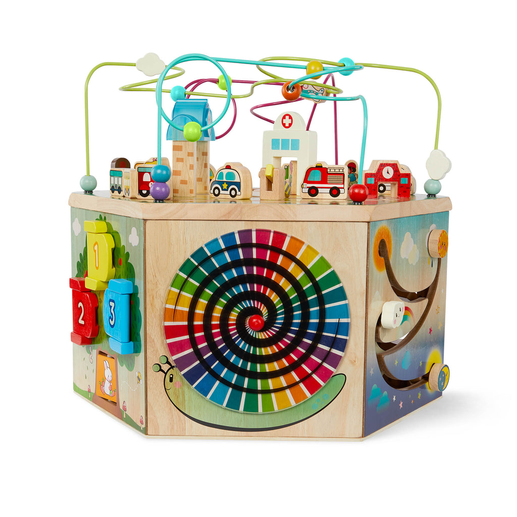 A 7-sided activity cube with a colorful pretend clock.