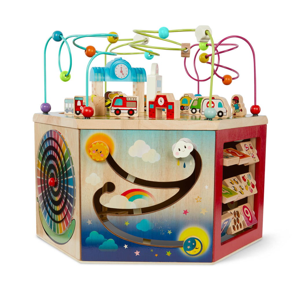 A 7-sided activity cube with a colorful pretend clock.