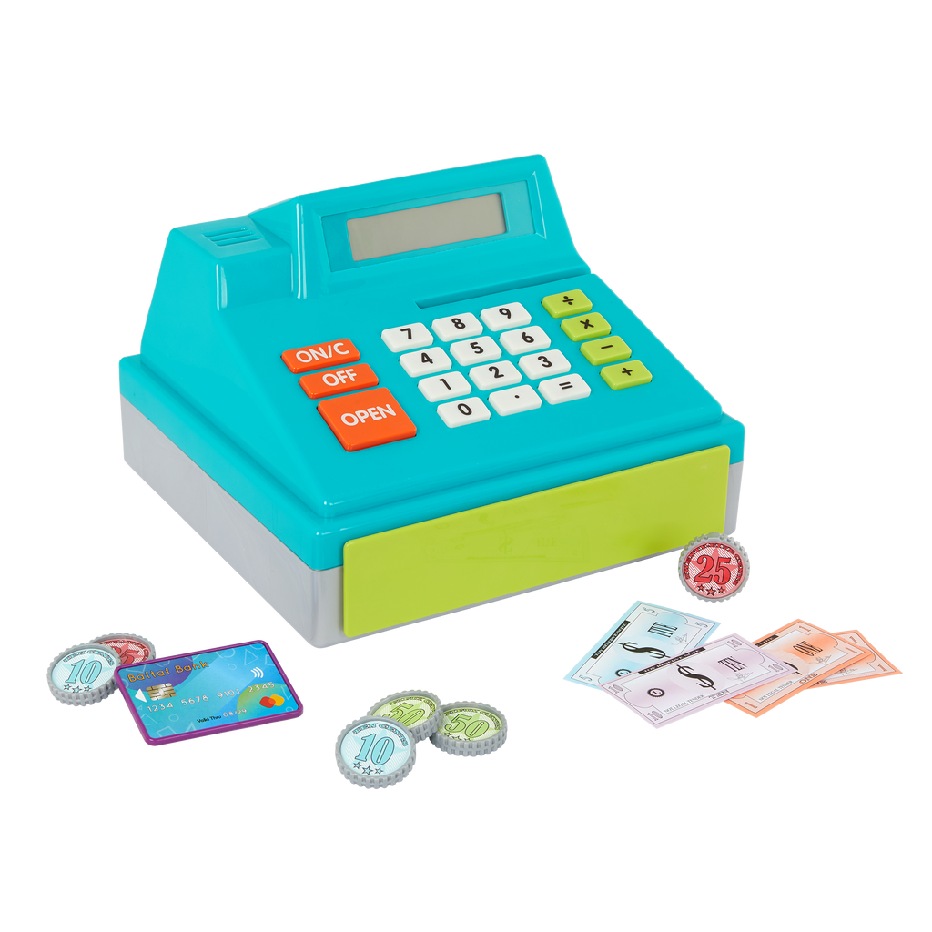 Toy cash register with play money and credit cards.